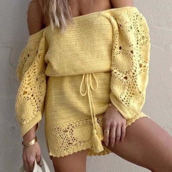 Spell & The Gypsy Let The Sunshine In Crochet Mini Dress Yellow Small - Picture 2 of 16